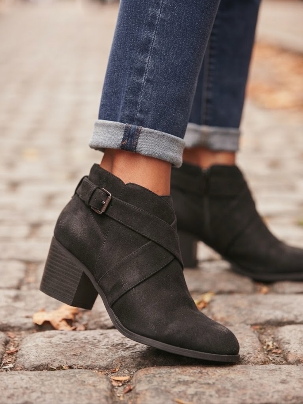 JC Black Suede Cutout Block Heel Booties,  Size 7.5